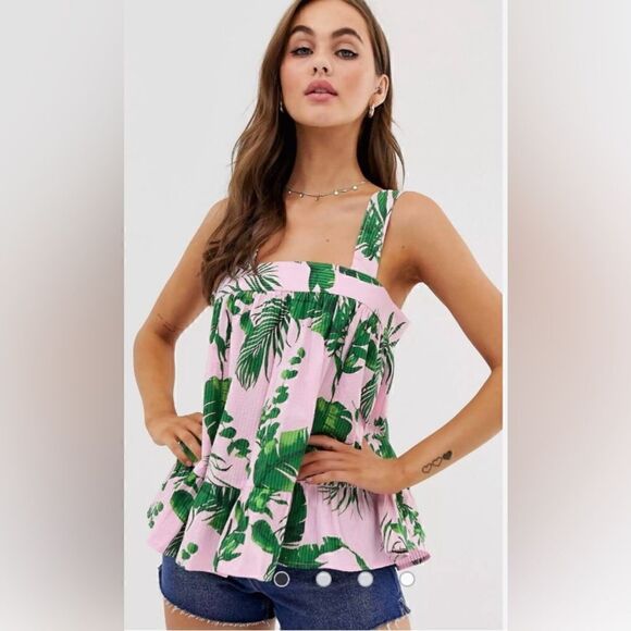 NWOT ASOS Design Square Neck Cami in Seersucker in Tropical Print - Picture 1 of 6